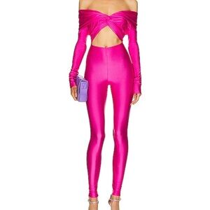 ANDAMANE “KENDALL” OFF-SHOULDER JUMPSUIT, SZ S FUCHSIA